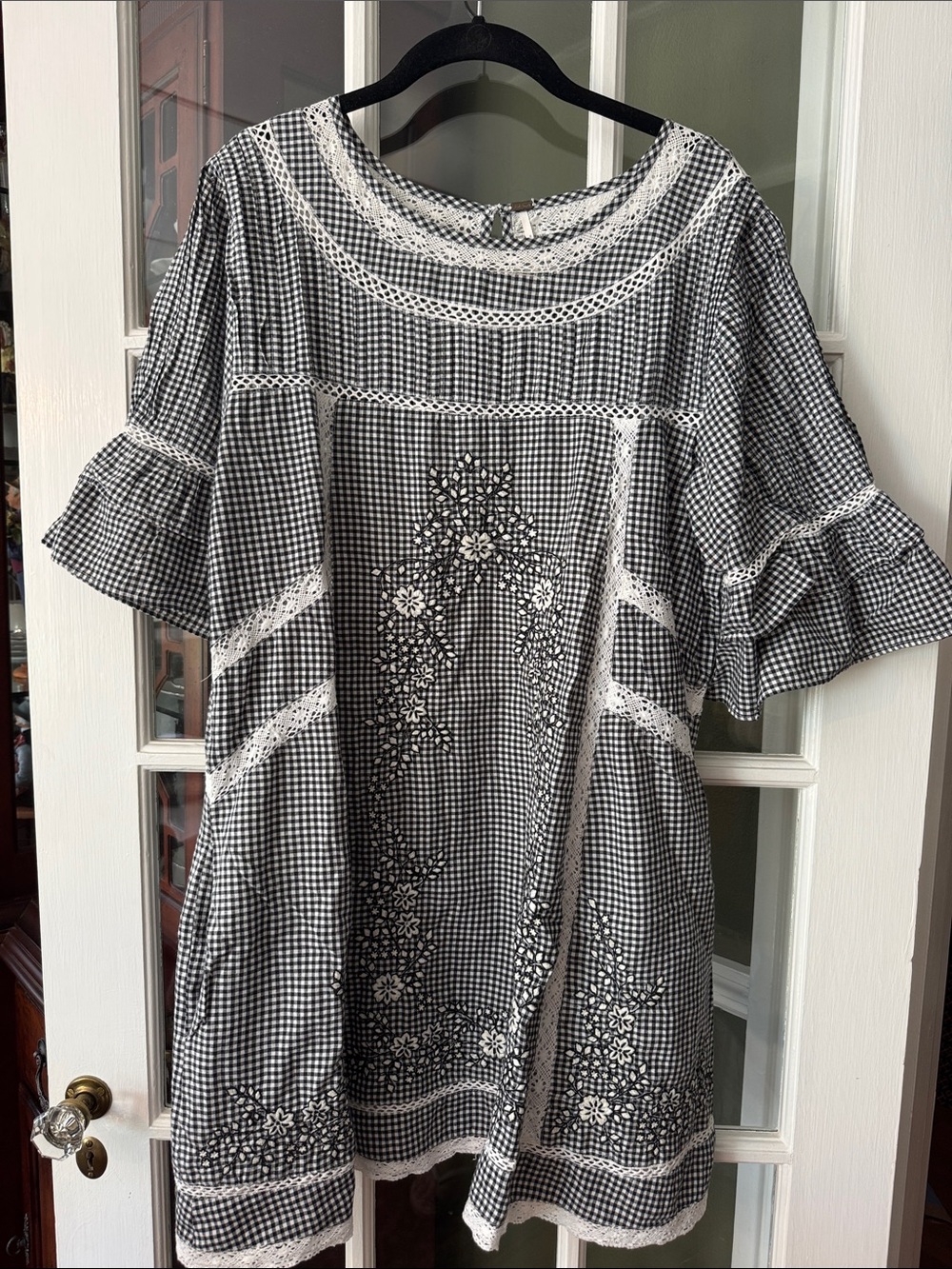 Free People Black and White Gingham Lace-Trim Midi Dress